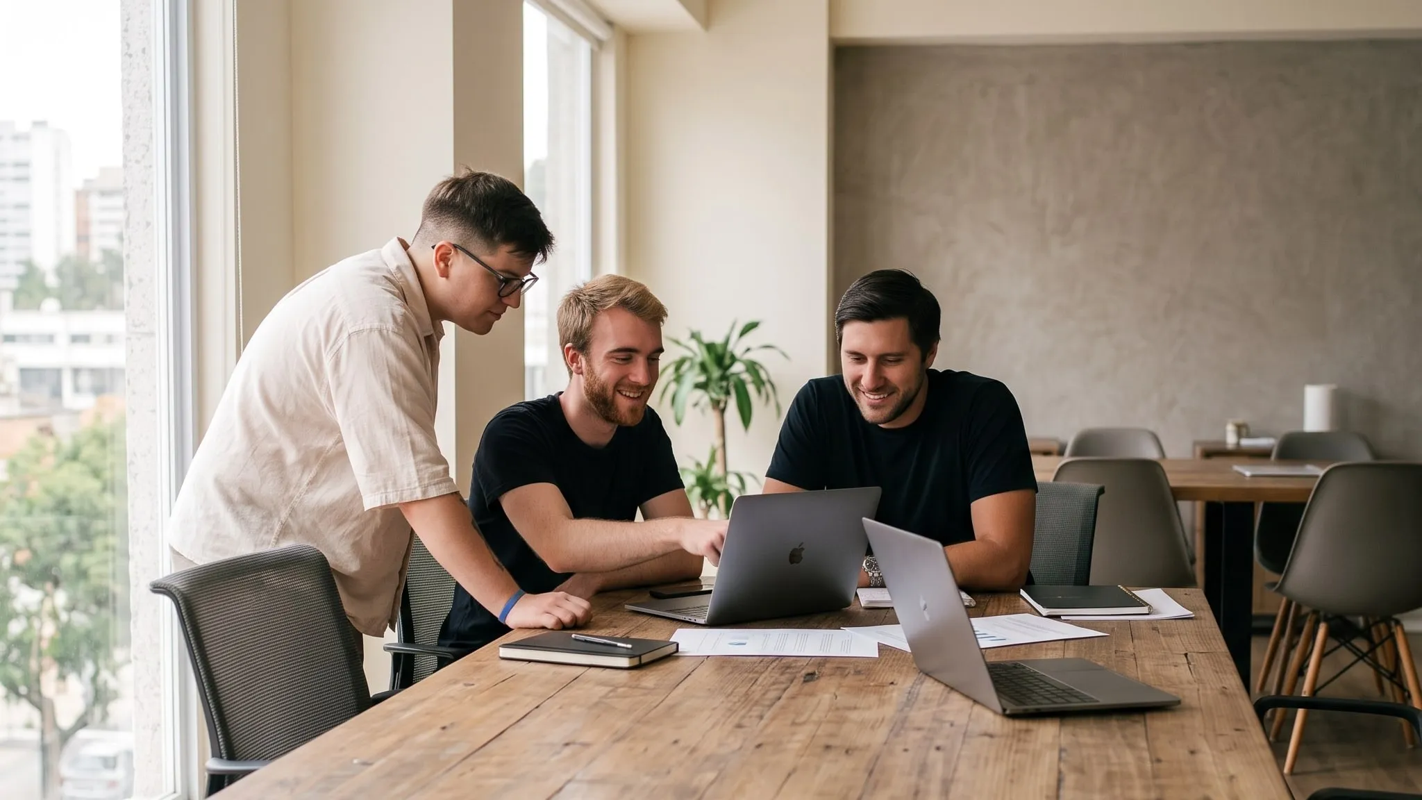 Tres personas revisando juntas un análisis en un computador portátil sobre una mesa de reuniones