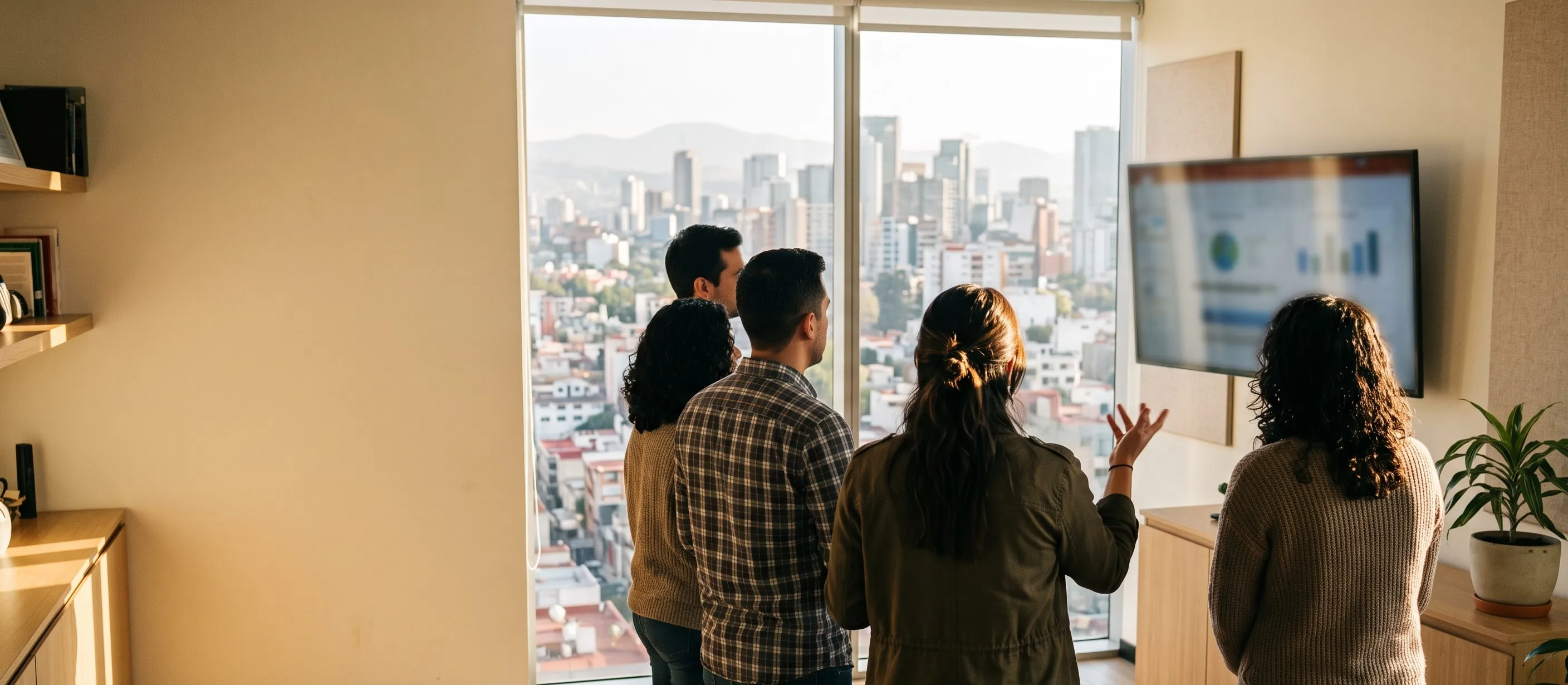Un equipo de trabajo revisa indicadores de negocio en una pantalla, en una oficina con vista a la ciudad